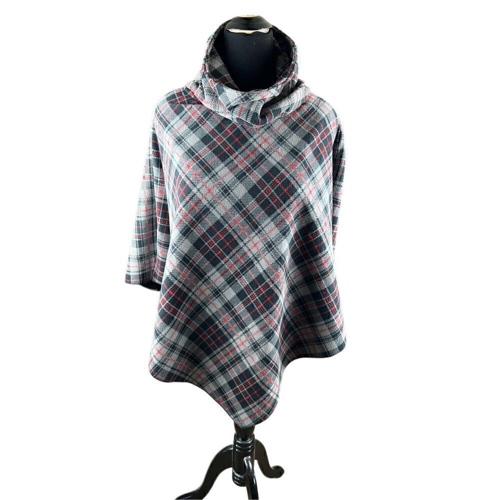 Susan Bristol plaid gray red black poncho one size cape winter